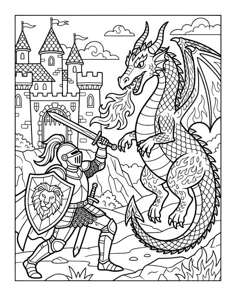 Knight Fighting Dragon Coloring Page