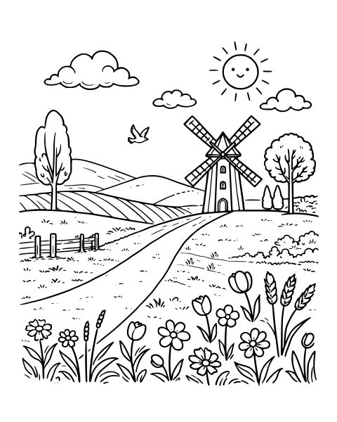 Sunny Windmill Meadow Coloring Page