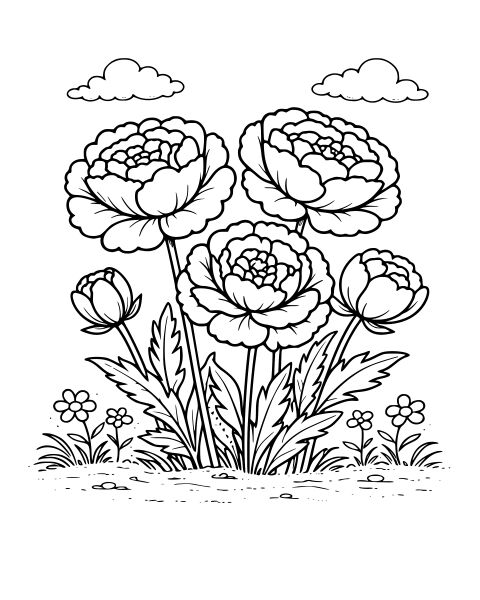 Garden Peony Flowers Coloring Page