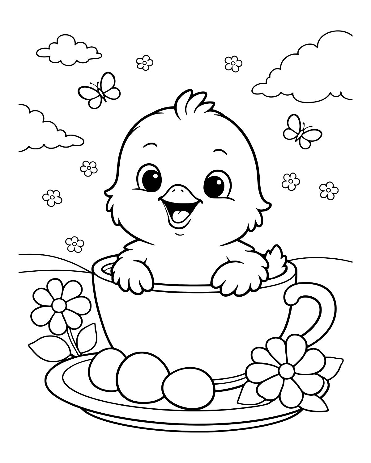 Cute Chick in Teacup Coloring Page