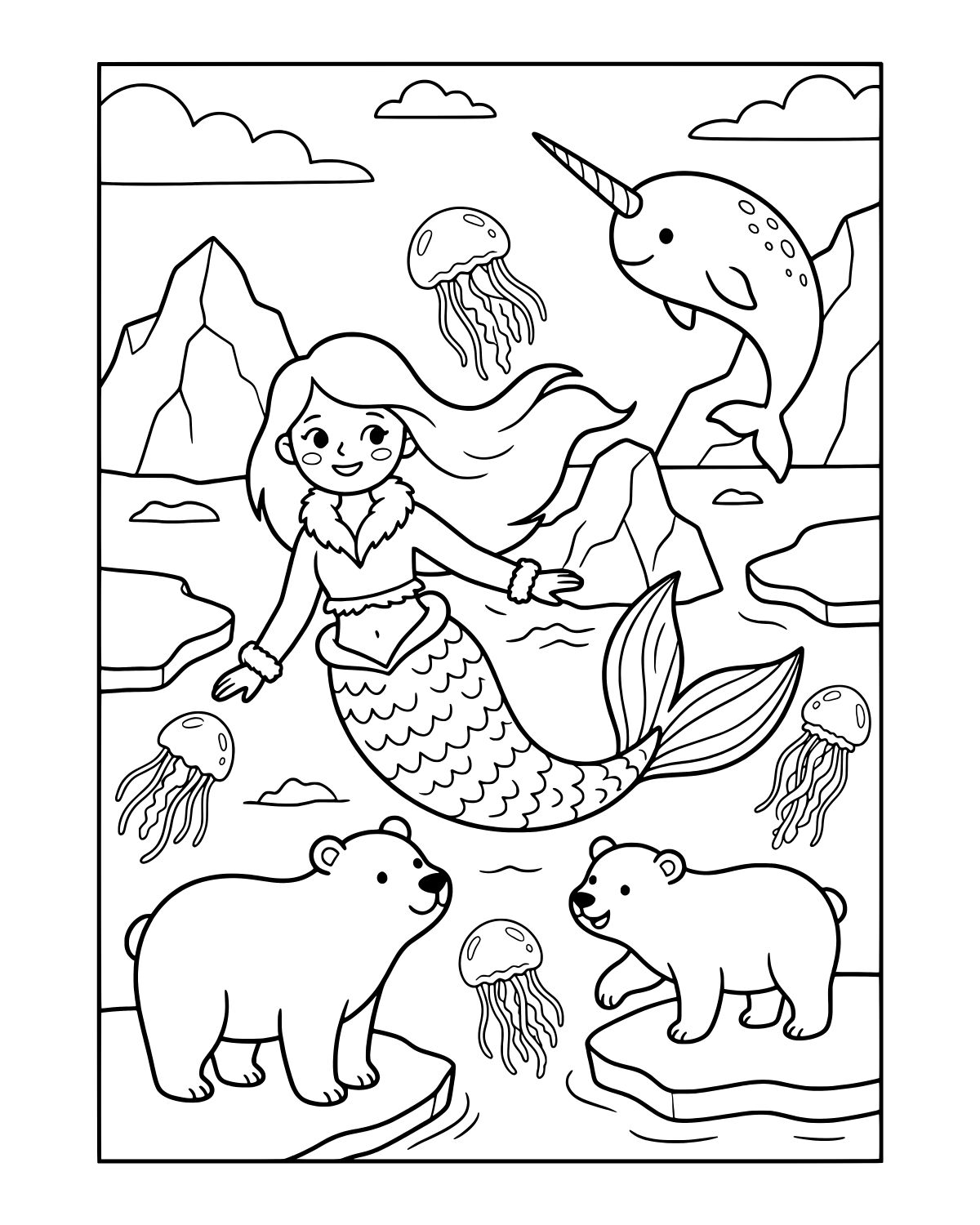 Arctic Mermaid Scene Coloring Page