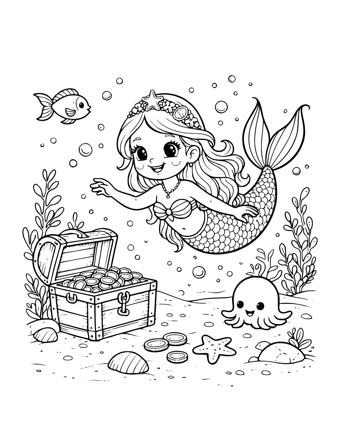Mermaid Treasure Underwater Scene Coloring Page