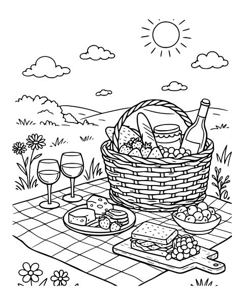 Sunny Picnic Basket Coloring Page