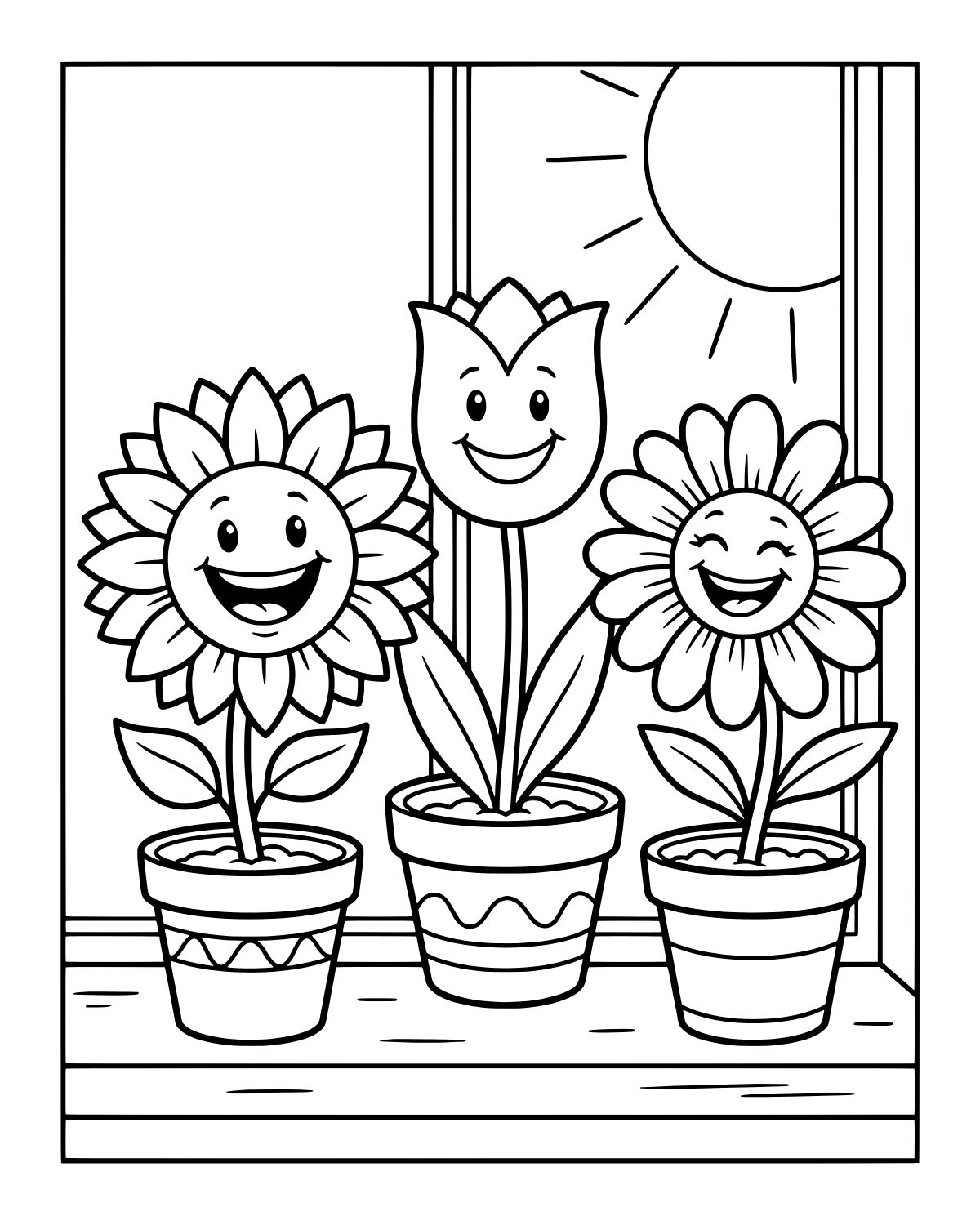 Smiling Potted Flowers Coloring Page