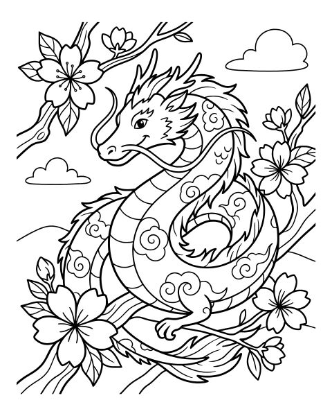 Cherry Blossom Dragon Coloring Page