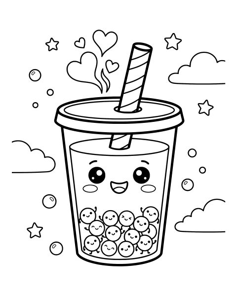 Cute Boba Tea Cup Coloring Page