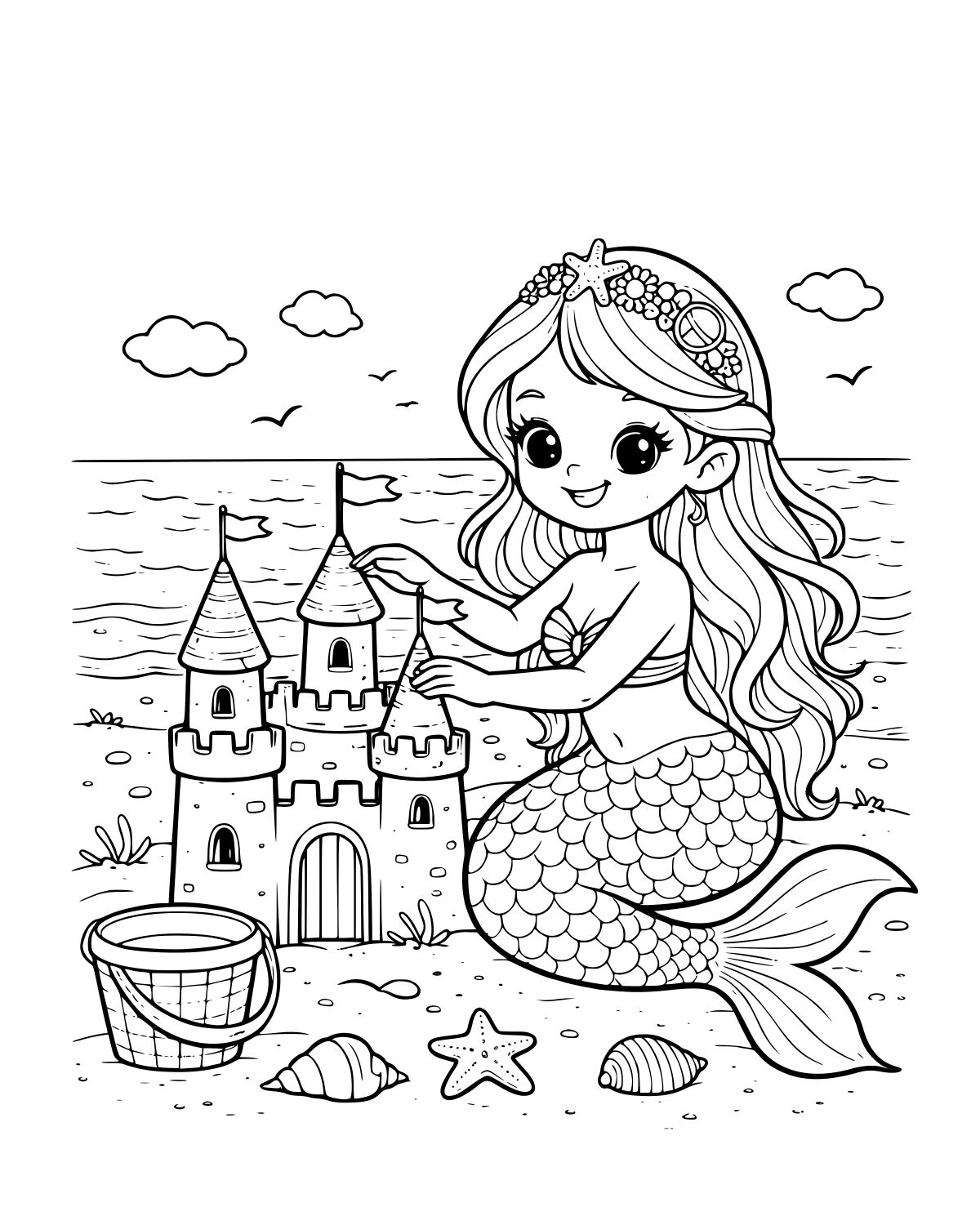 Mermaid Sandcastle Beach Coloring Page