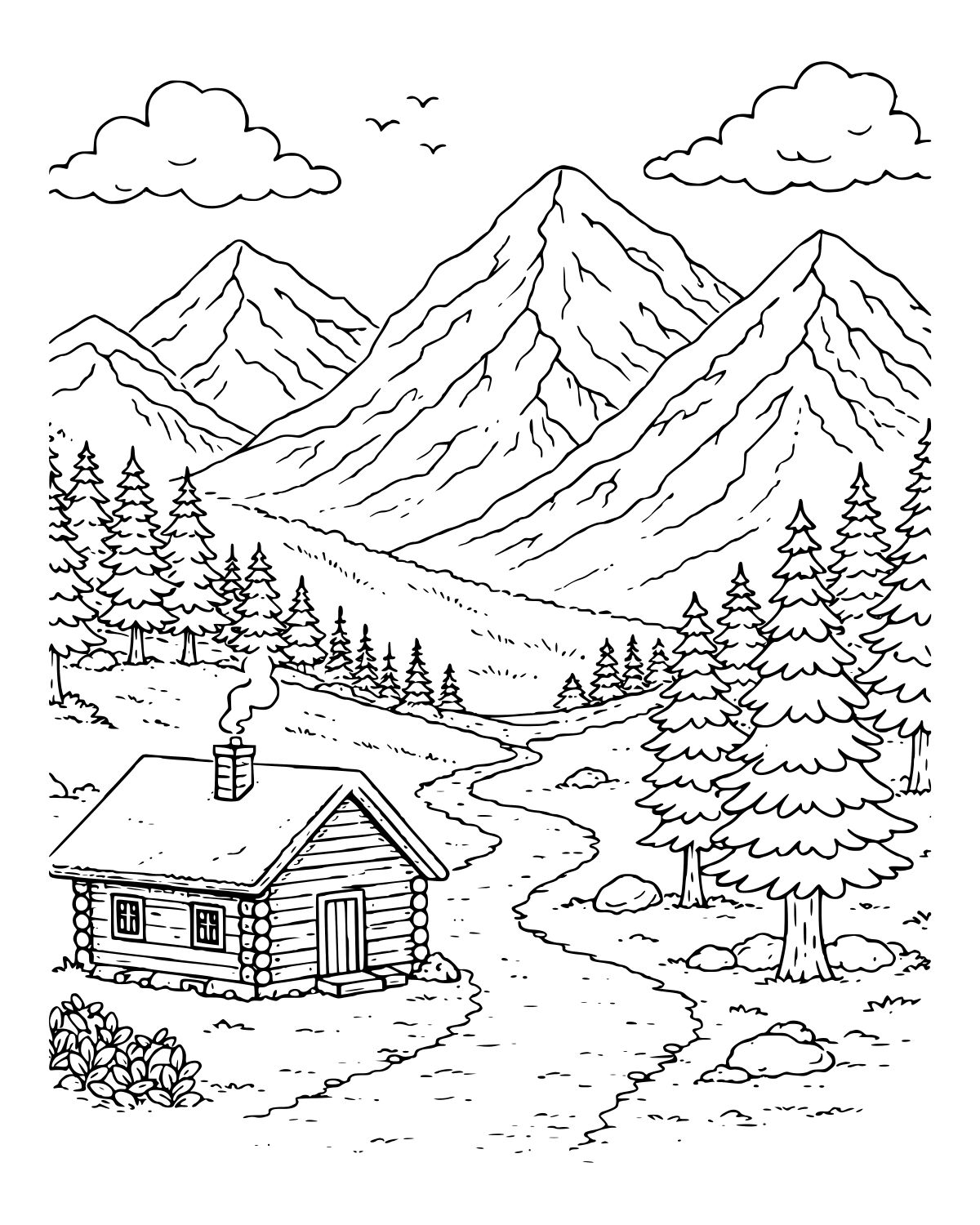 Mountain Cabin Landscape Coloring Page