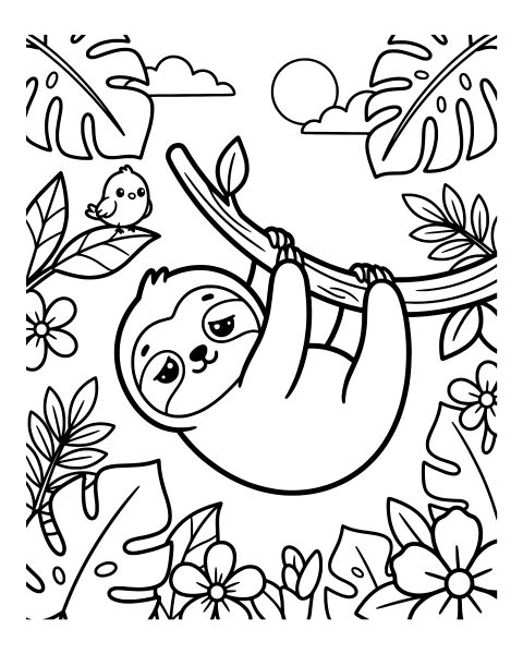 Cute Sloth Hanging Coloring Page