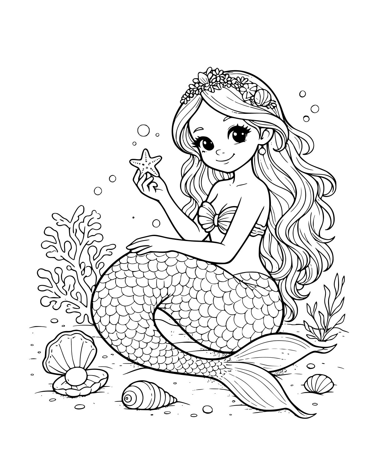 Mermaid Holding Starfish Coloring Page