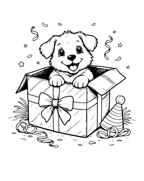 Puppy in Gift Box Coloring Page