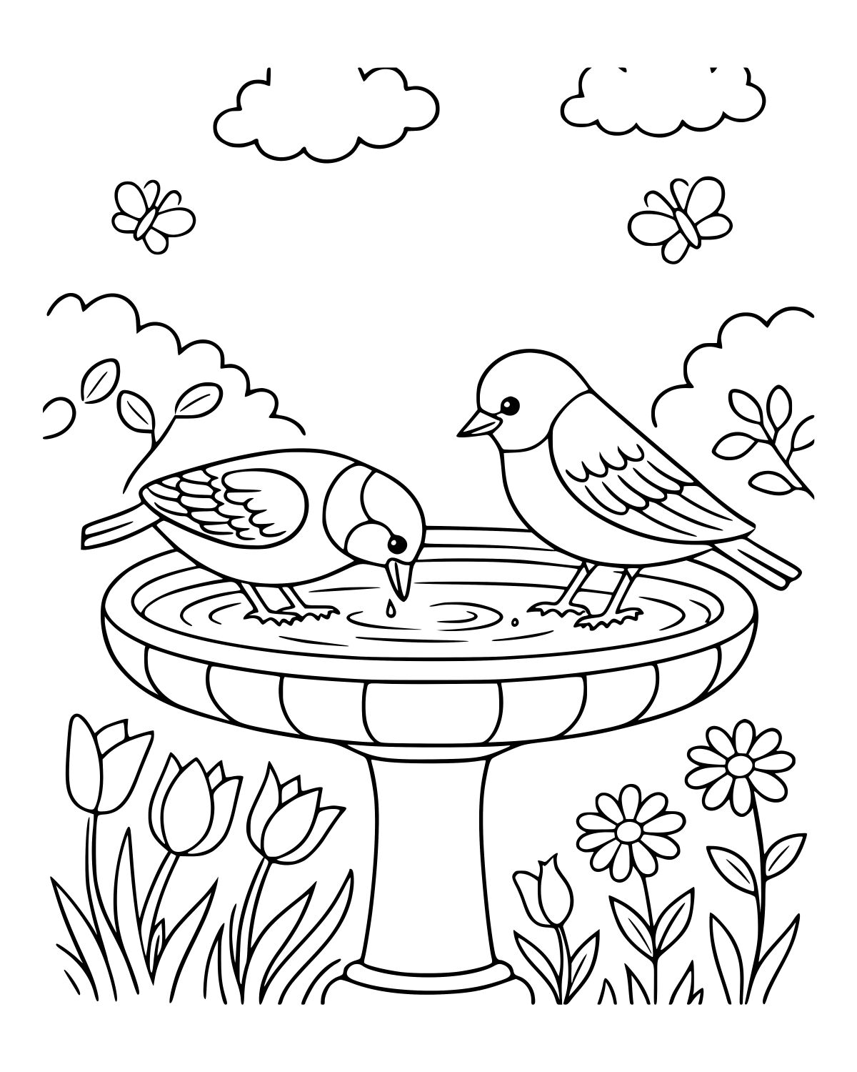 Birds at Birdbath Coloring Page