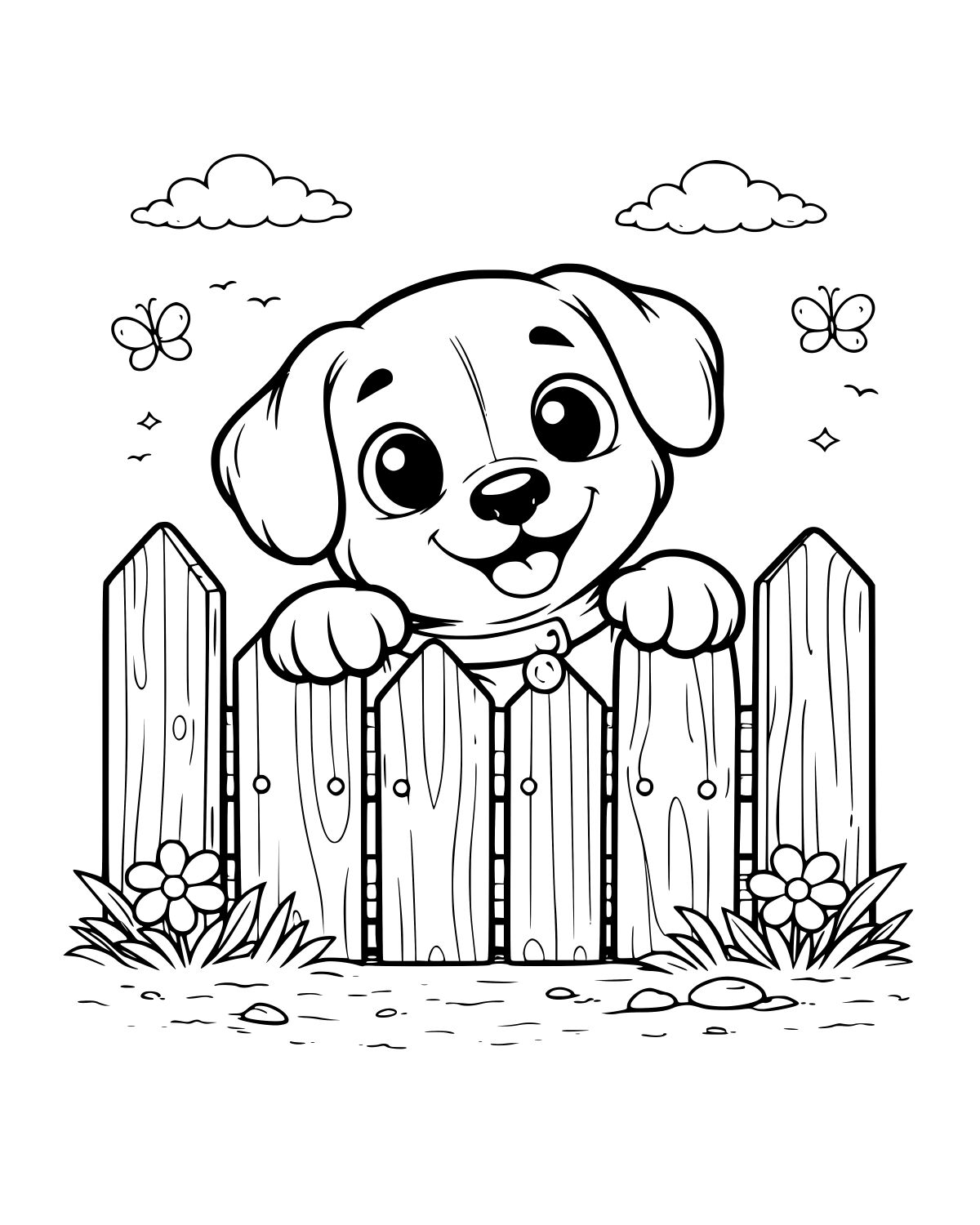 Cute Puppy Fence Peek Coloring Page