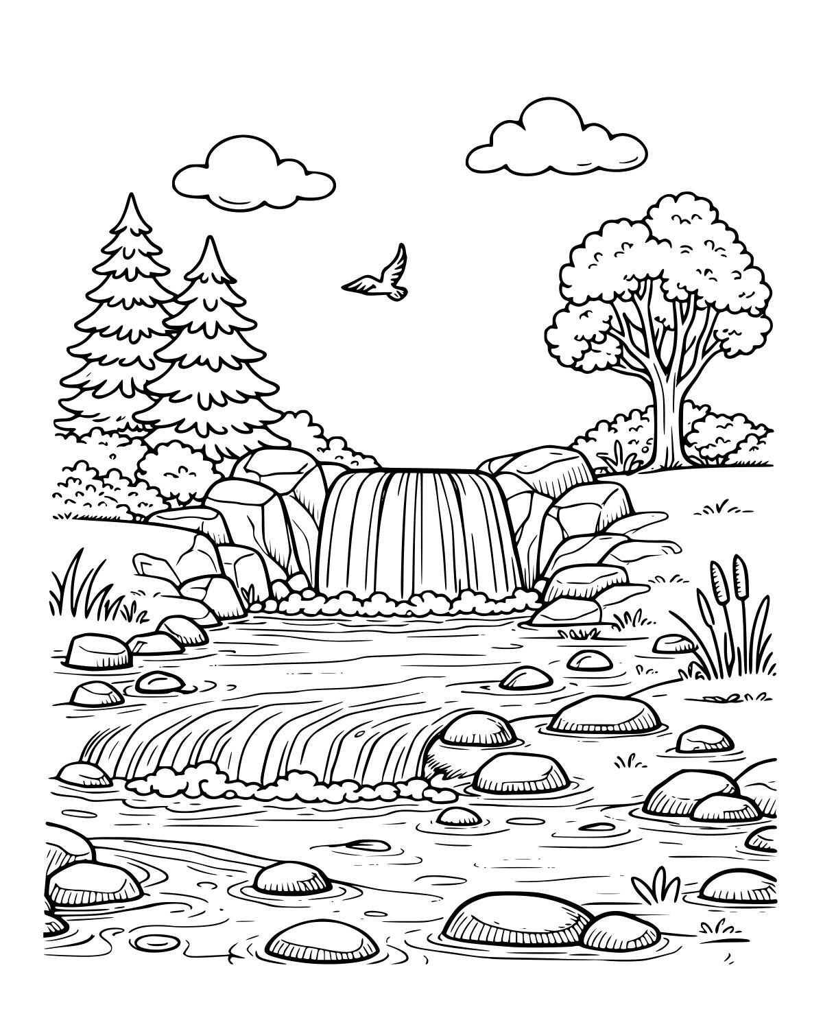 Forest Stream Waterfall Coloring Page