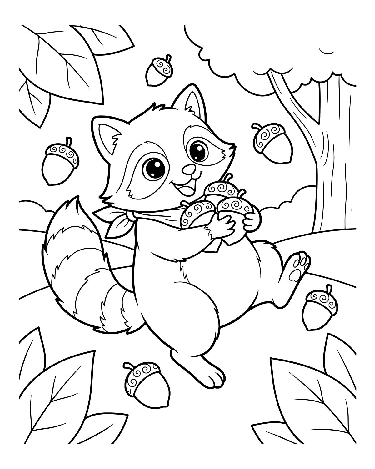 Cute Raccoon with Acorns Coloring Page
