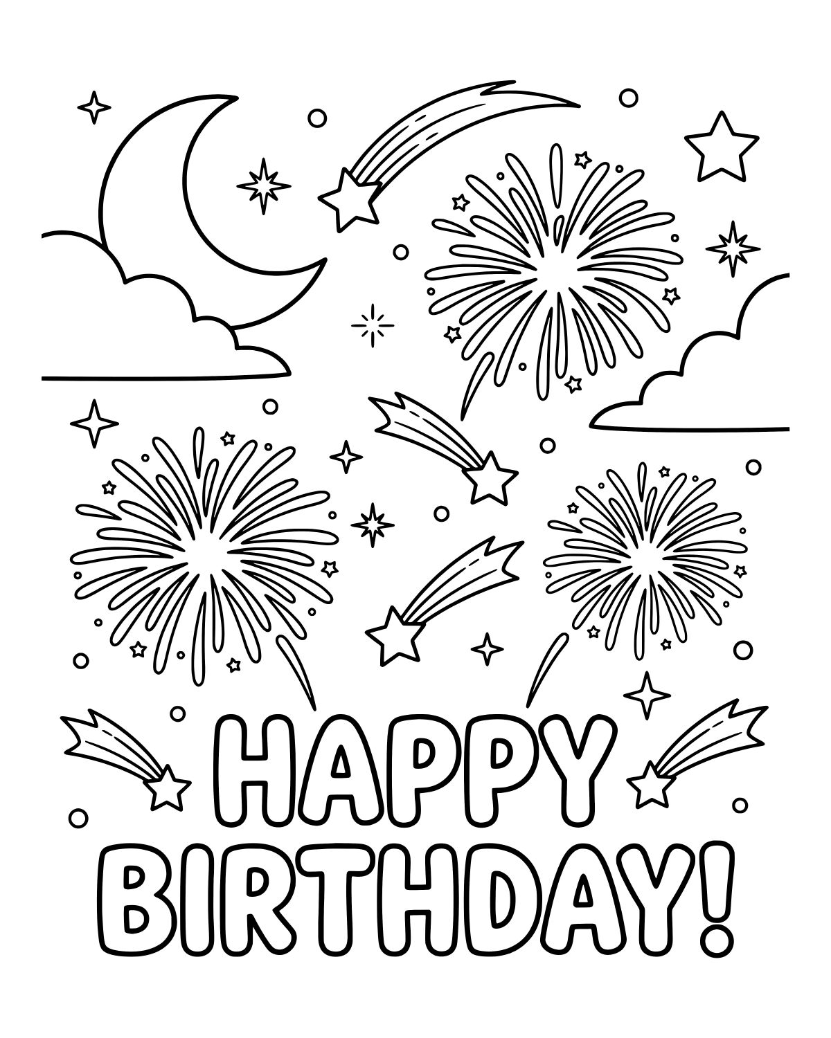 Happy Birthday Fireworks Coloring Page