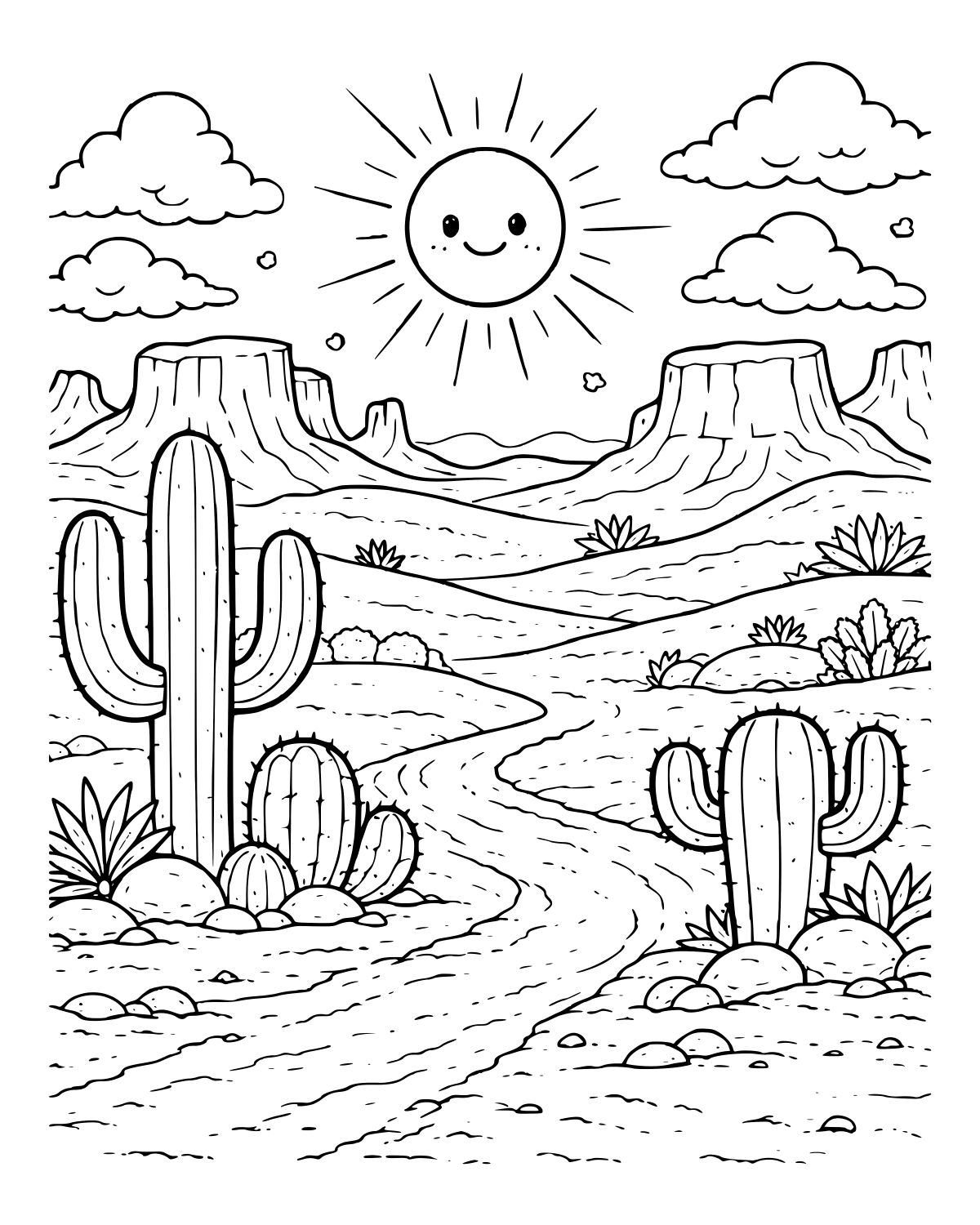 Sunny Desert Landscape Coloring Page