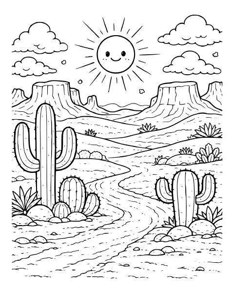 Sunny Desert Landscape Coloring Page