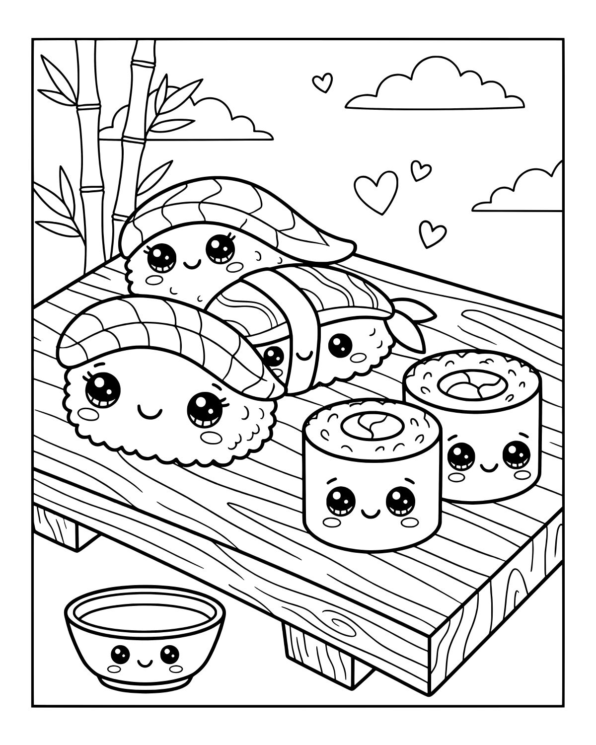 Kawaii Sushi Platter Coloring Page