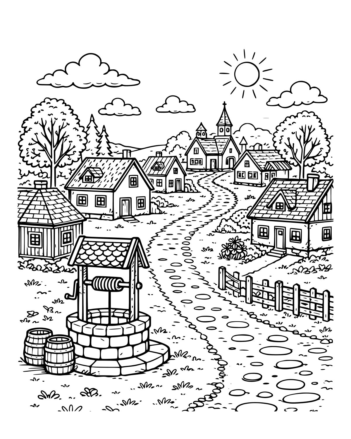 Sunny Village Path Coloring Page