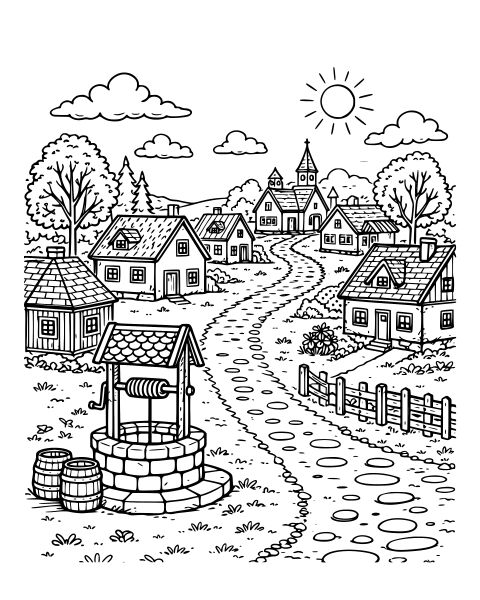 Sunny Village Path Coloring Page