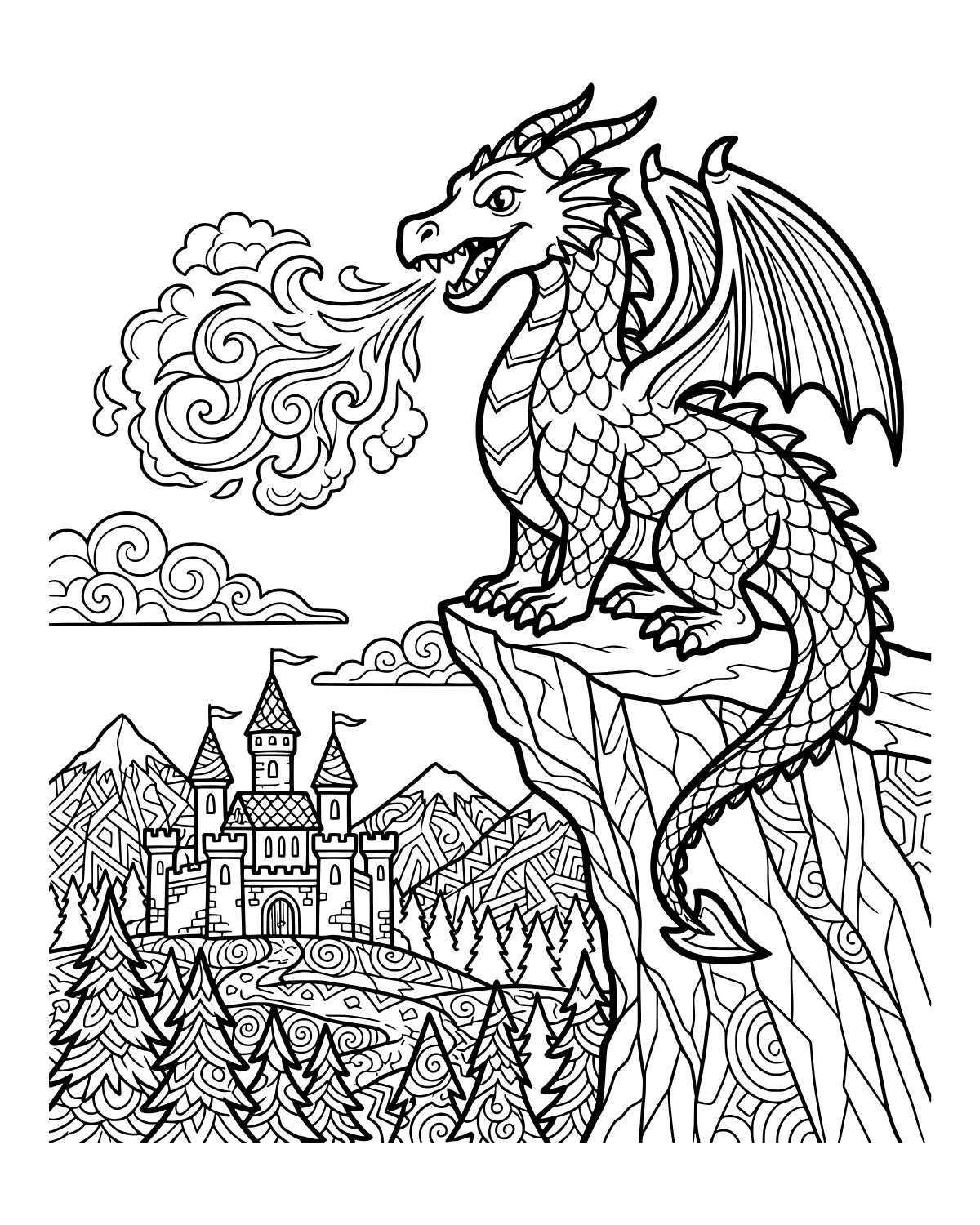 Dragon over Castle Coloring Page