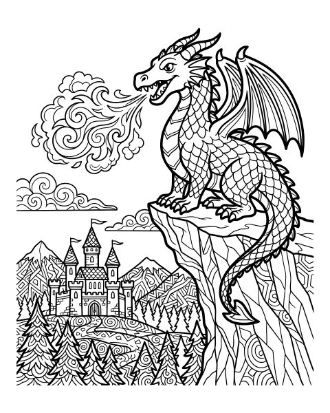 Dragon over Castle Coloring Page
