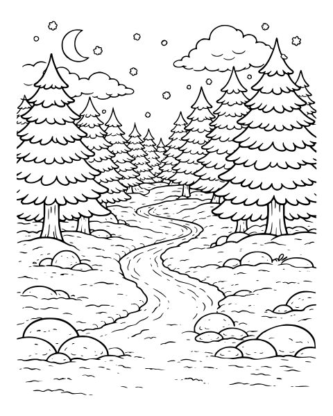 Moonlit Pine Forest Path Coloring Page