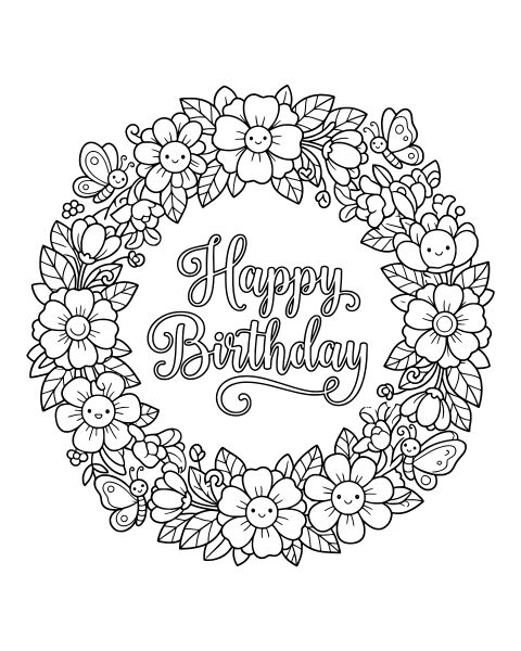 Happy Birthday Wreath Coloring Page