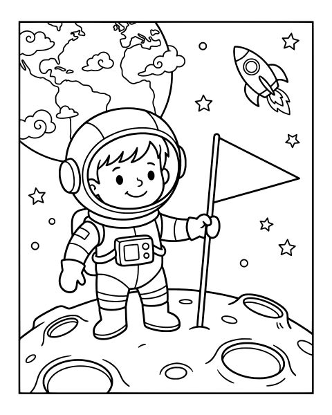 Astronaut Moon Flag Coloring Page