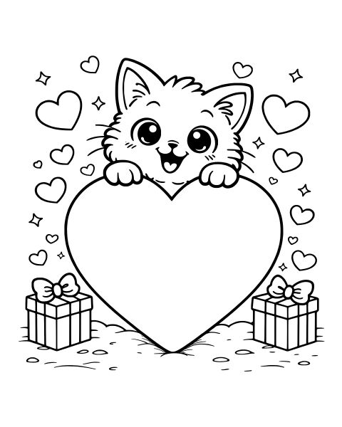 Kitten Heart Hug Coloring Page