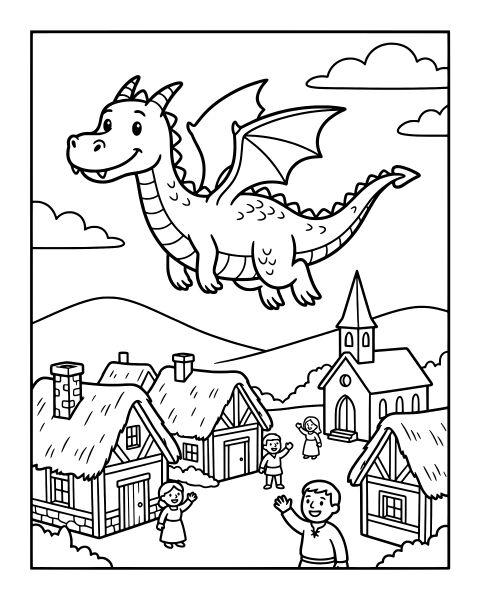 Flying Dragon over Village Coloring Page