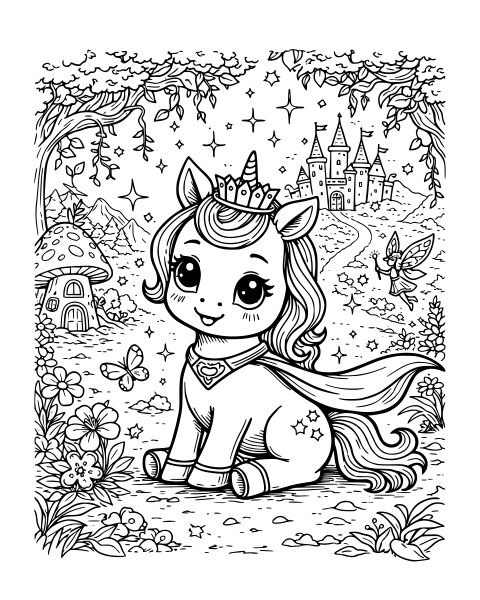 Cute Unicorn Princess Scene Coloring Page
