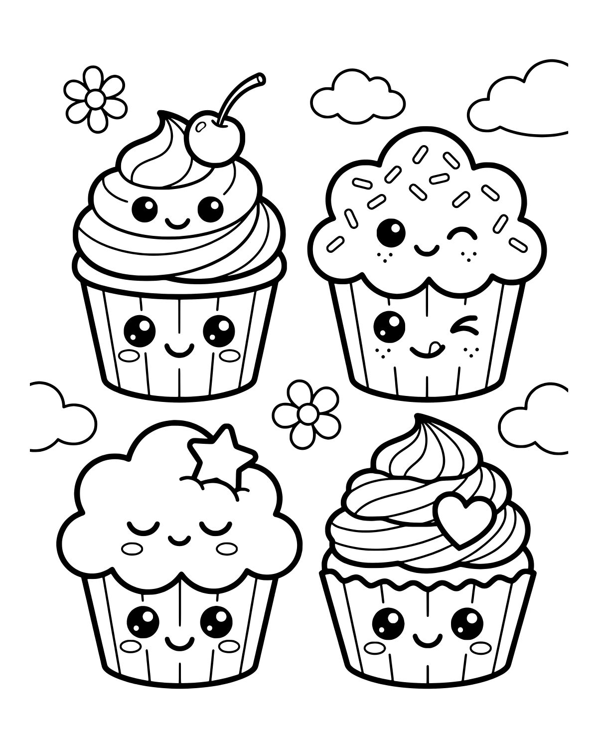 Kawaii Cupcake Collection Coloring Page