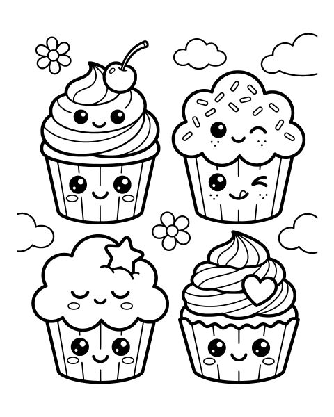 Kawaii Cupcake Collection Coloring Page