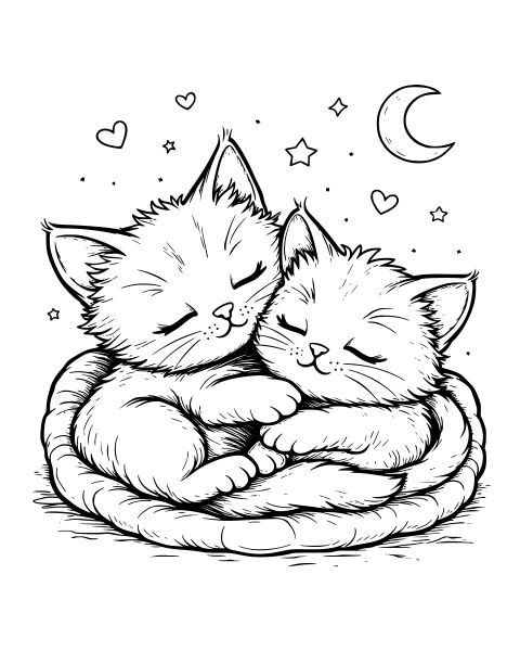 Sleeping Kittens Moon Coloring Page