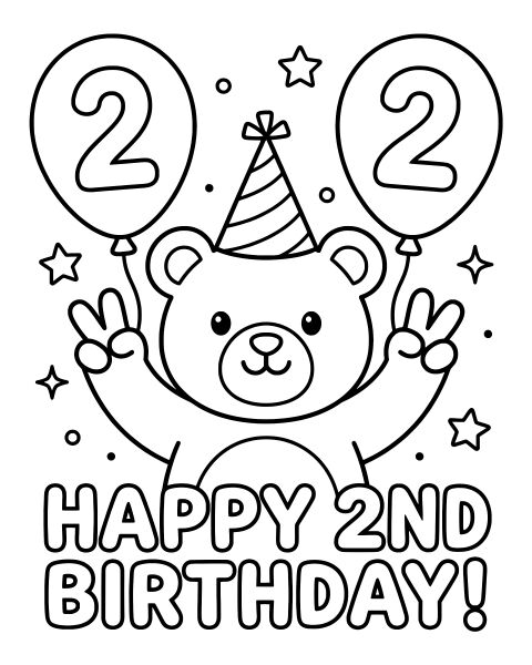 Second Birthday Bear Coloring Page