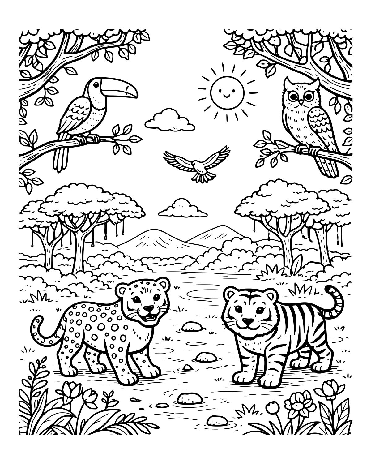 Jungle Animals Scene Coloring Page