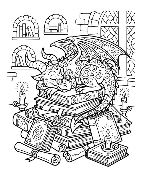 Sleeping Library Dragon Coloring Page