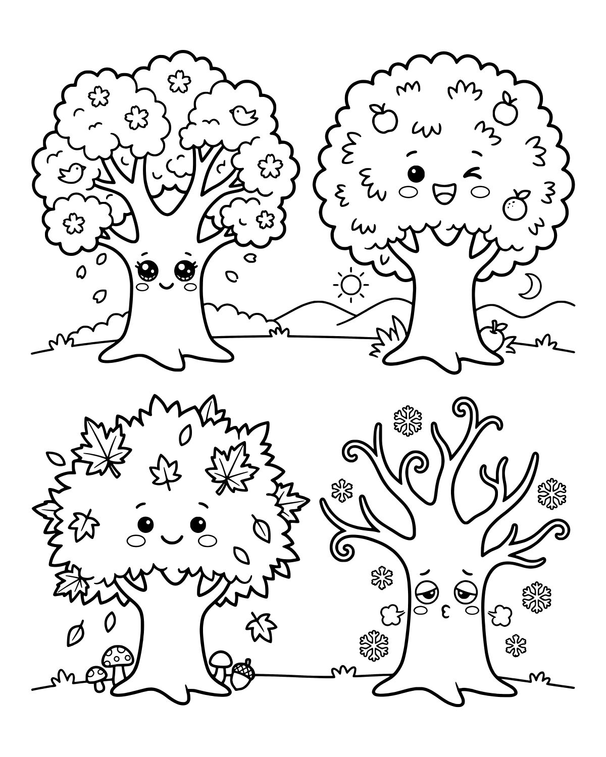 Cute Seasonal Trees Coloring Page