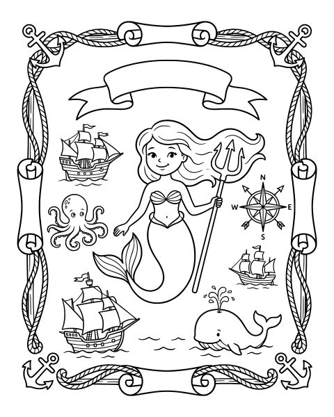 Ocean Mermaid Holding Trident Coloring Page