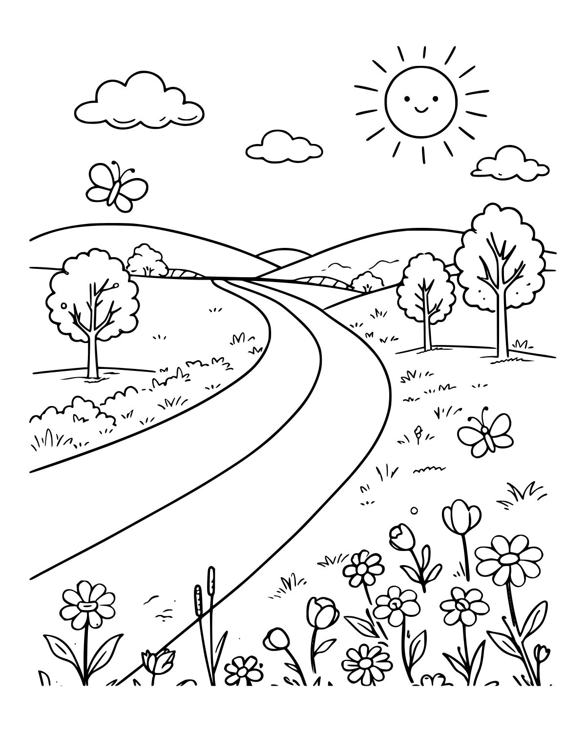 Sunny Meadow Pathway Coloring Page