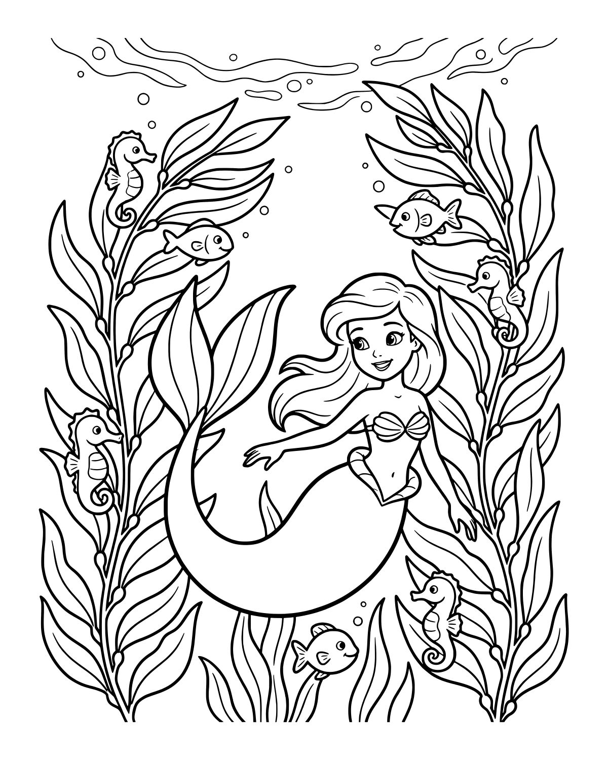 Underwater Mermaid Scene Coloring Page