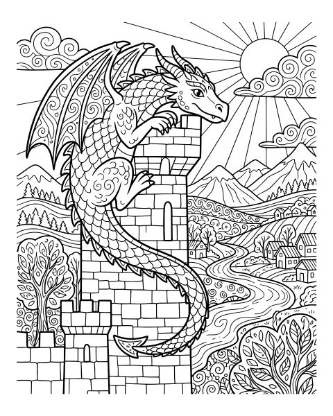 Dragon Castle Tower Coloring Page