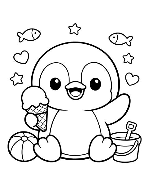 Penguin with Ice Cream Coloring Page