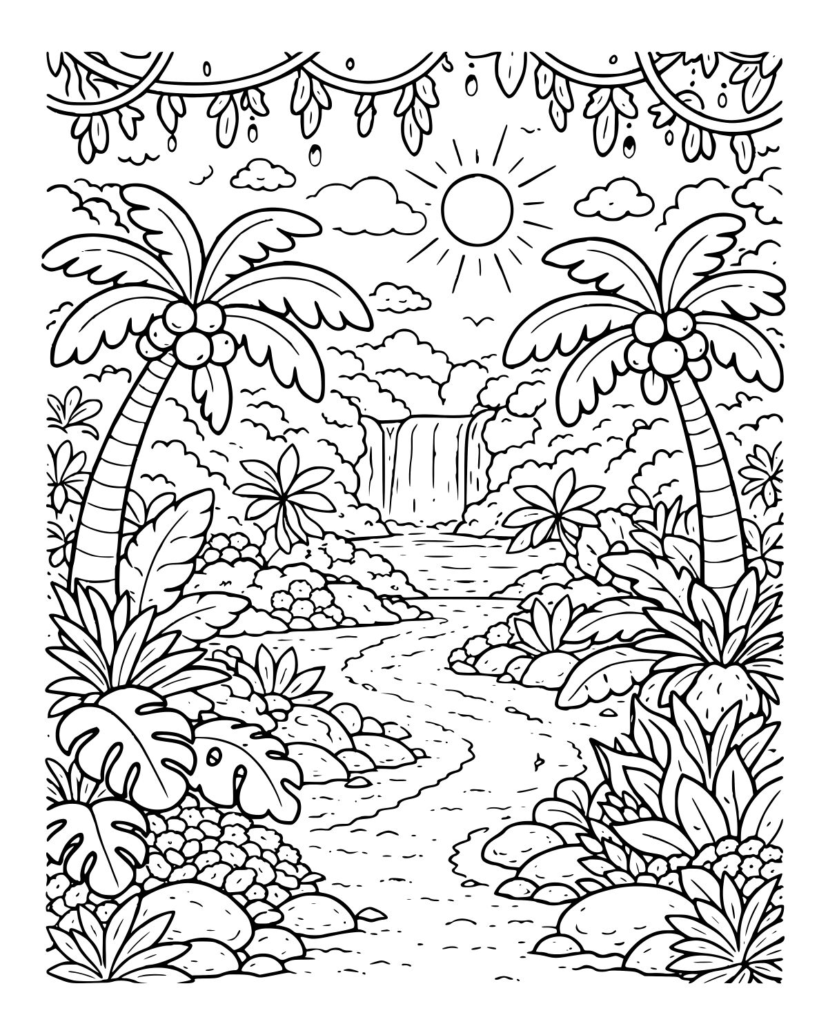 Tropical Waterfall Jungle Coloring Page