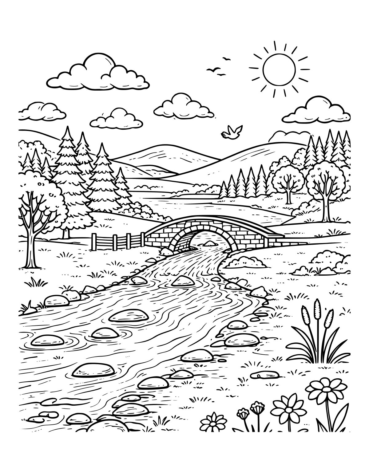 Sunny River Bridge Landscape Coloring Page