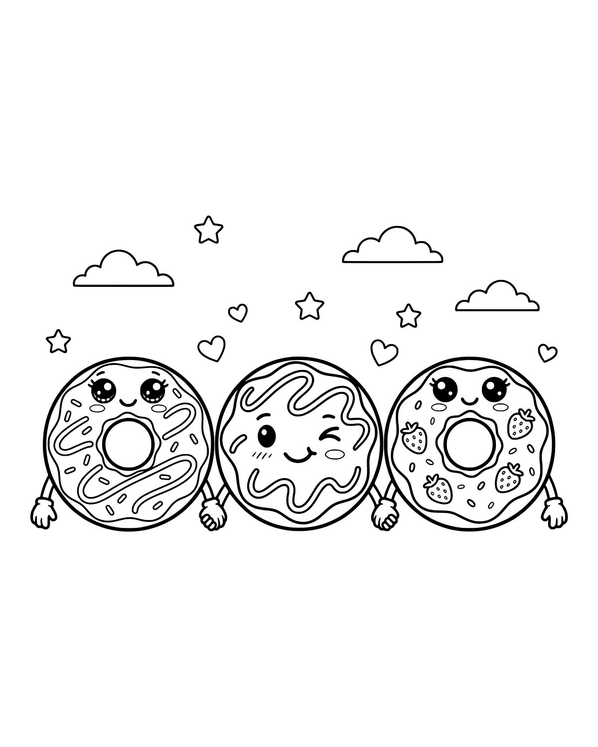 Kawaii Donut Trio Coloring Page