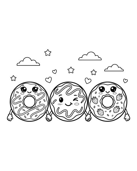 Kawaii Donut Trio Coloring Page