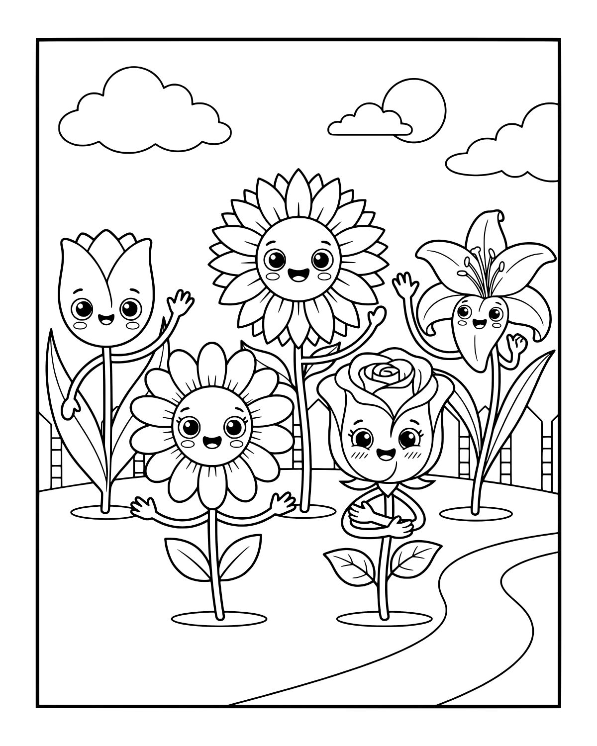 Cute Flower Friends Coloring Page